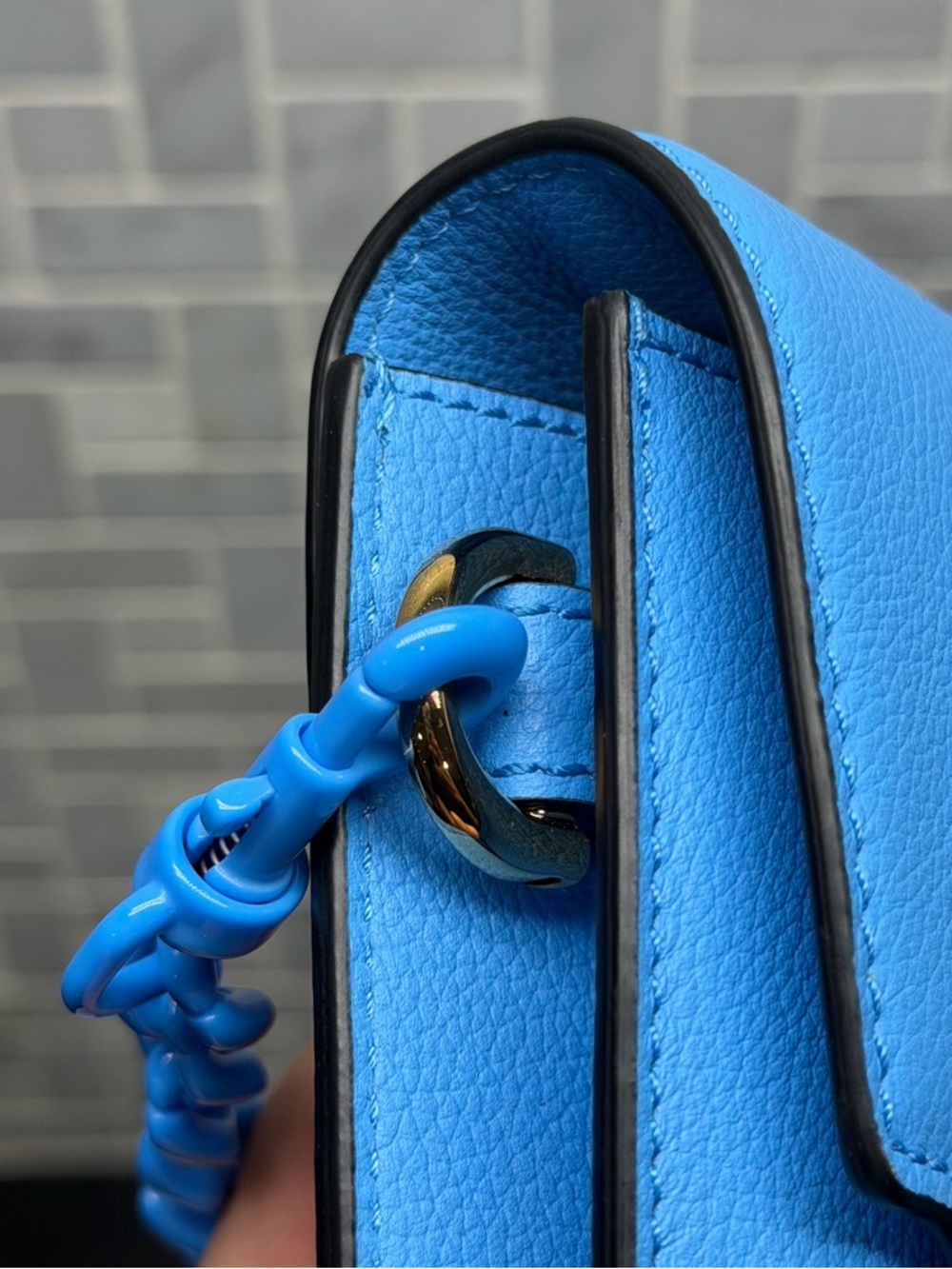 Versace La Medusa Leather Phone Crossbody Bag Blue Chain Strap Card Holder Italy - Picture 10 of 16